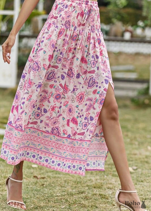 Boho Skirts in Smocked Waist, Bird Garden in Pink Purple For Women